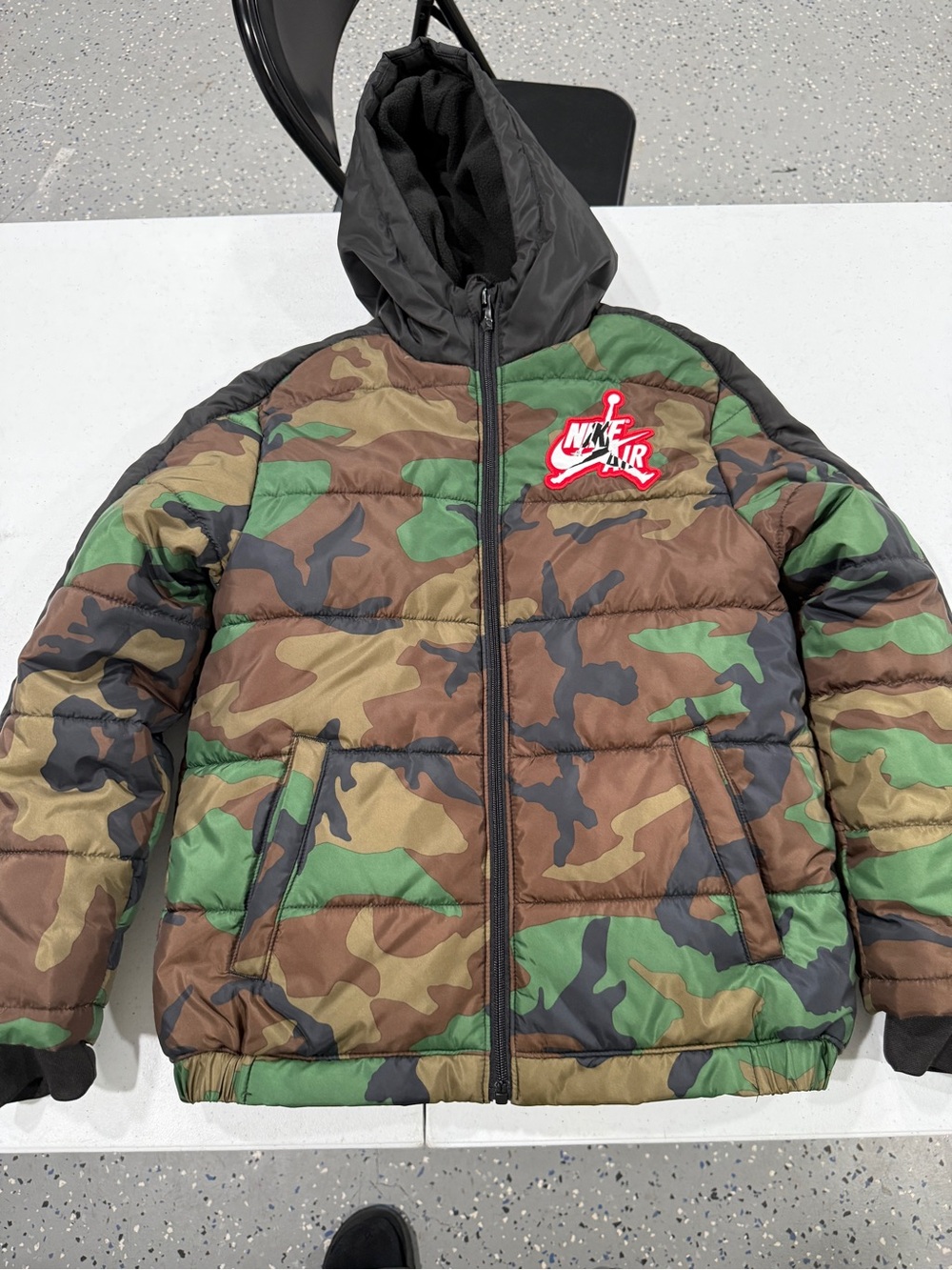 Nike Green Brown Camo Puffer Jacket with Black Hood